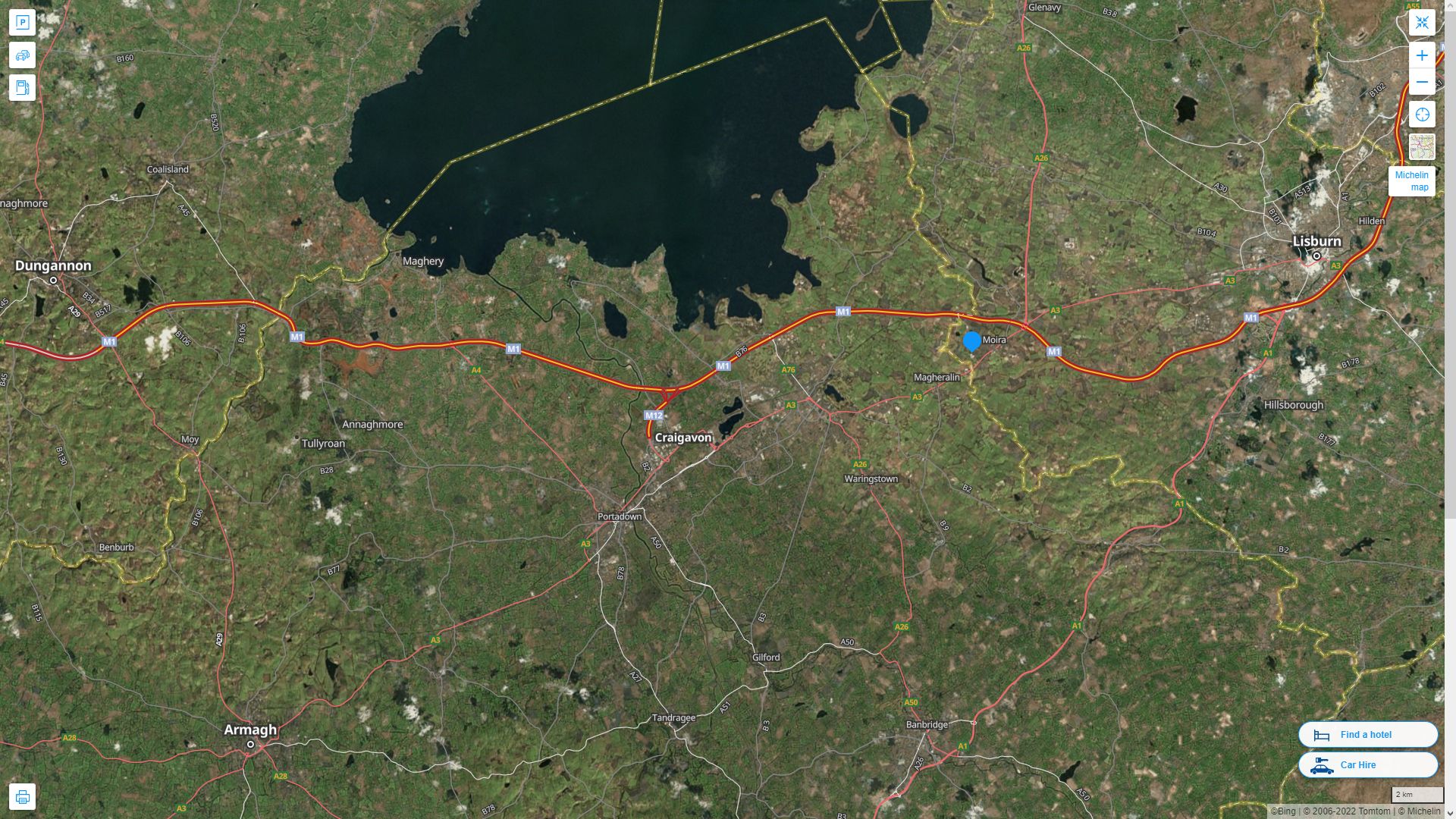 Craigavon Irlande Autoroute et carte routiere avec vue satellite